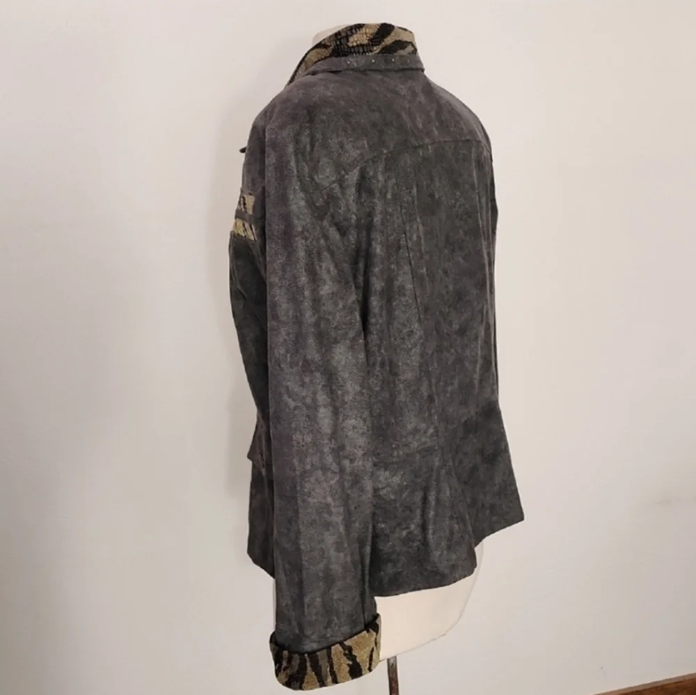 Nancy Bolen Jacket Faux Suede with Animal Print Accents Green Plus Size 14